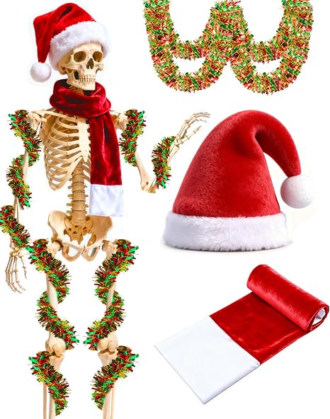 3 Pcs 12 foot Skeleton Christmas Outfit Skeleton Clothes Costume Accessories Includes 44 Inch Giant Santa Hat and Scarf Metallic Garlands for Halloween Xmas Party Supplies - skeleton