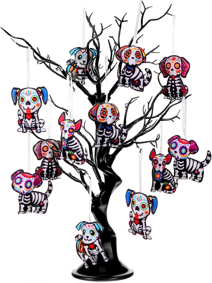 Remagr 12 Pcs Dia De Los Muertos Felt Ornaments, Mexcian Skeleton Halloween Ornaments for Day of The Dead Themed Party School Bags Indoor Outdoor Tree Hanging Decorations (Dog) - sugar skull ornament