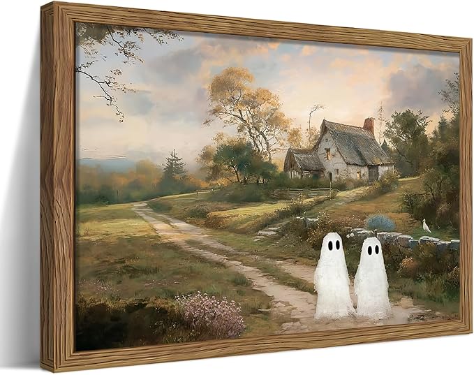 Vintage Landscape Ghost Wall Art, Country Halloween Gothic Cute Ghost Wall Decor Paintings, Retro Farmhouse Rustic Posters Prints Pictures for Living Room Bedroom Home Decor 8x10 Inch Wood Framed - skull wall art