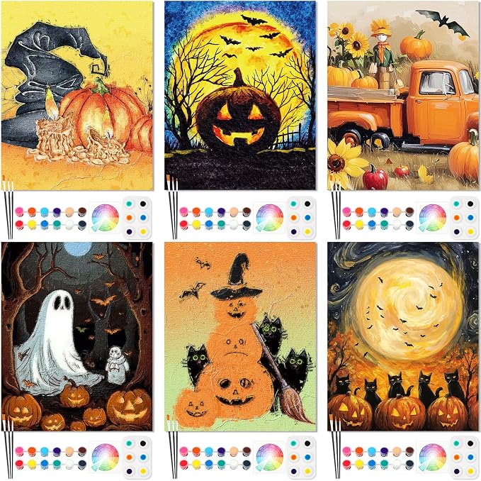 Dinifee 6 Pack Halloween Pre Drawn Canvas for Painting Stretched 8x10 Inch - skull painting