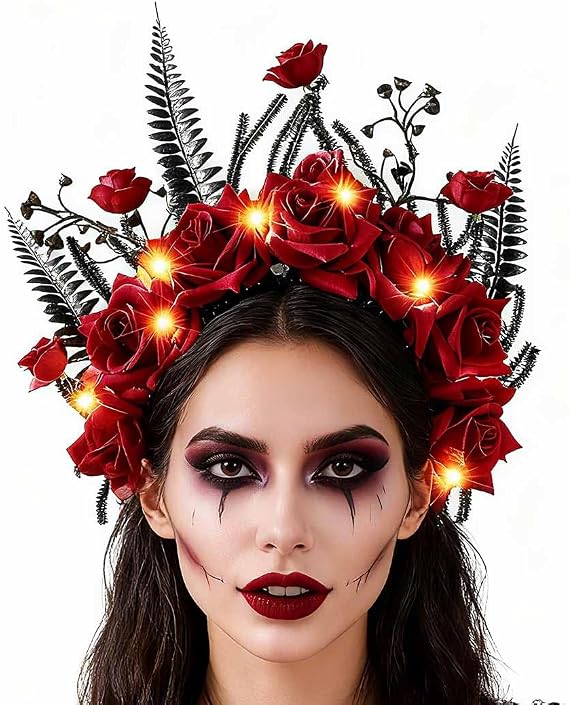 Yean Light Up Rose Flower Halloween Headband Red Floral Headdress Costume Hair Accessories for Women - skull headband
