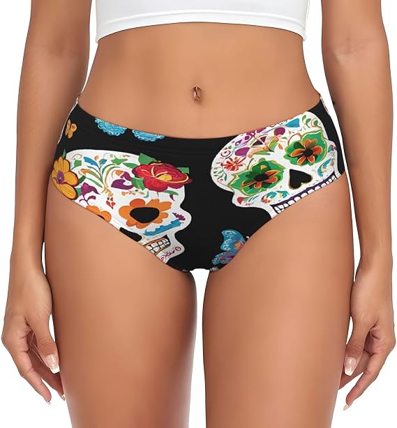 SHLXMDNZ (Sugar Skulls) Printed Women's Seamless Underwear, Soft Panties Stretchy Spandex Comfort Briefs Fit Invisible Under Clothing Black - skull leggings