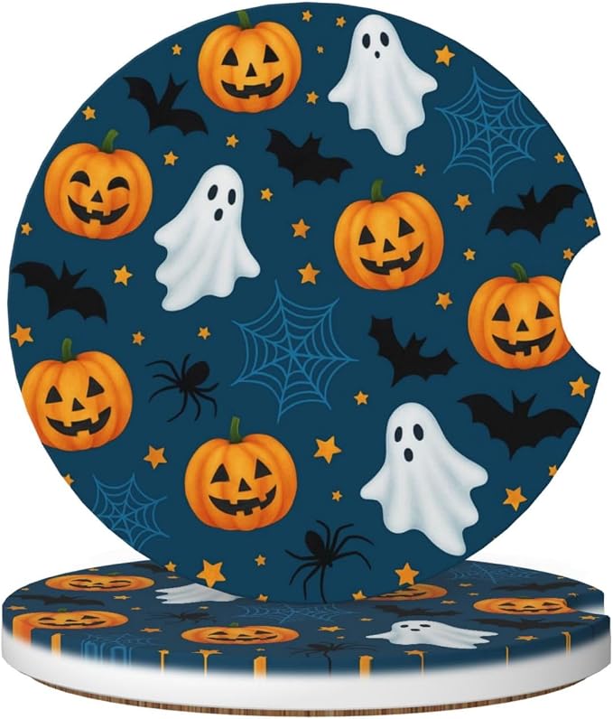 Famame 2 Pcs Halloween Cute Ghost Bat Spiders Ceramic Car Coasters Anti-Slip Absorbent Coaster Sets for Drinks Car Decor Auto Accessories - skull coaster