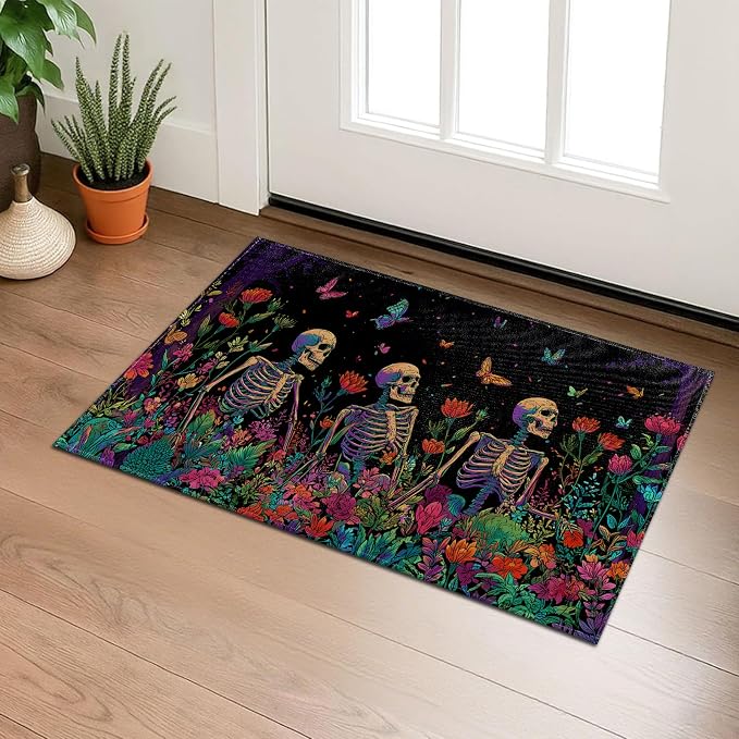 Colorful Skeleton Garden Indoor Door Mat, Welcome 29.5"×17" Non-Woven Floral Skull Floor Mat, Non-Slip Doormat Rug for Front Door, Porch, Bathroom, Kitchen, Halloween Decor, Gothic Gifts - skull floor mat