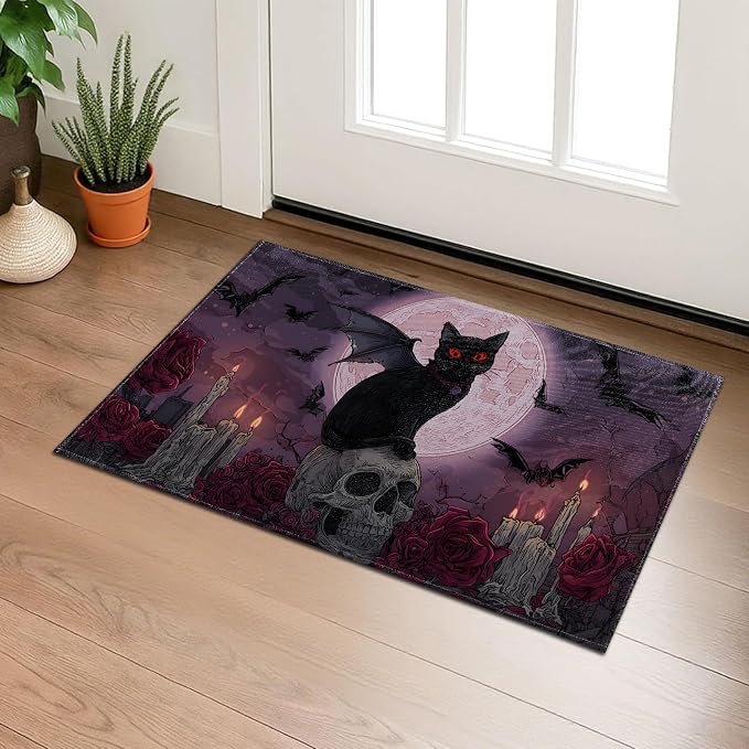 Gothic Black Cat with Wings Indoor Door Mat, Welcome 29.5"×17" Non-Woven Cats and Skull Floor Mat, Non-Slip Doormat Rug for Front Door, Porch, Bathroom, Kitchen, Home Decor, Gifts - skull floor mat