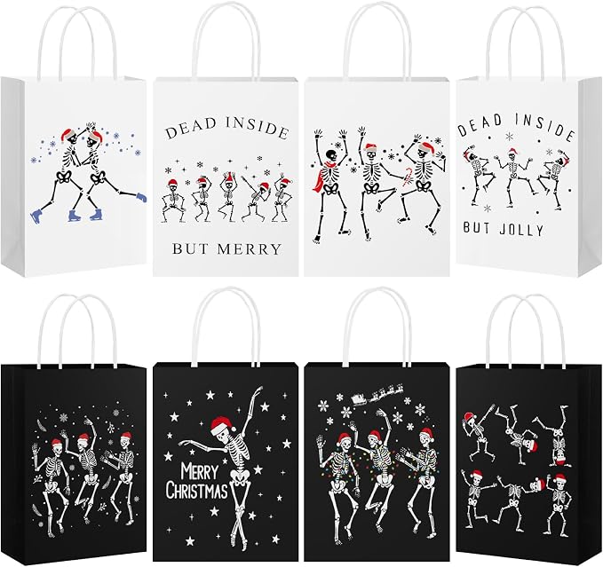 Colarr 24 Pcs Gothic Skeleton Gift Bags Xmas Skull with Handles 8 Styles - skeleton