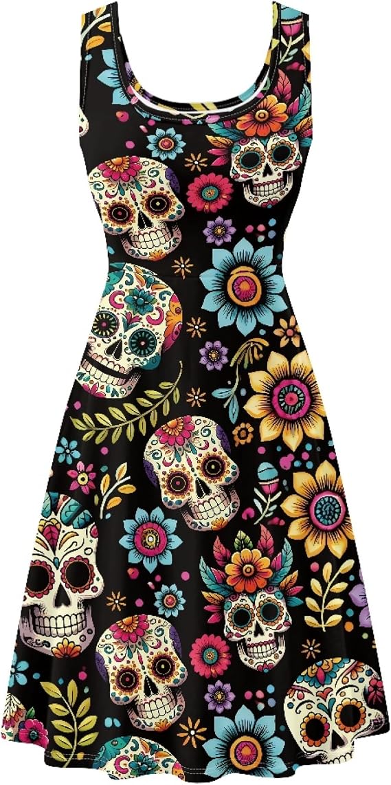 Casual Sleeveless A-Line Dresses for Women Tank Top Dress with Pockets XS - 4XL - sugar skull boots