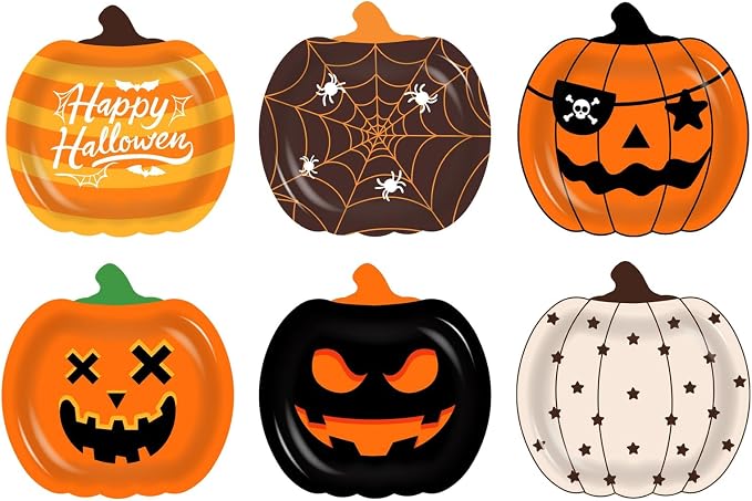 VDESFUEBY 60pcs Halloween Pumpkin Paper Plates Pumpkin Shaped Disposable Plates for Table Party Supplies for Halloween Decorations - skull plate