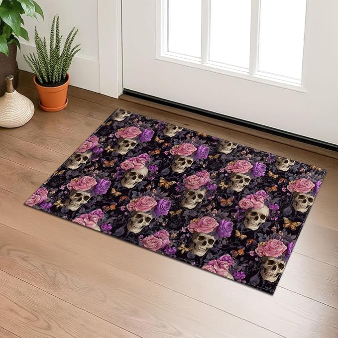 Gothic Skull & Roses Indoor Door Mat, Welcome 29.5"×17" Non-Woven Vintage Skull Floral Floor Mat, Non-Slip Aesthetic Doormat Rug for Front Door, Porch, Bathroom, Kitchen, Home Decor, Gifts - skull floor mat