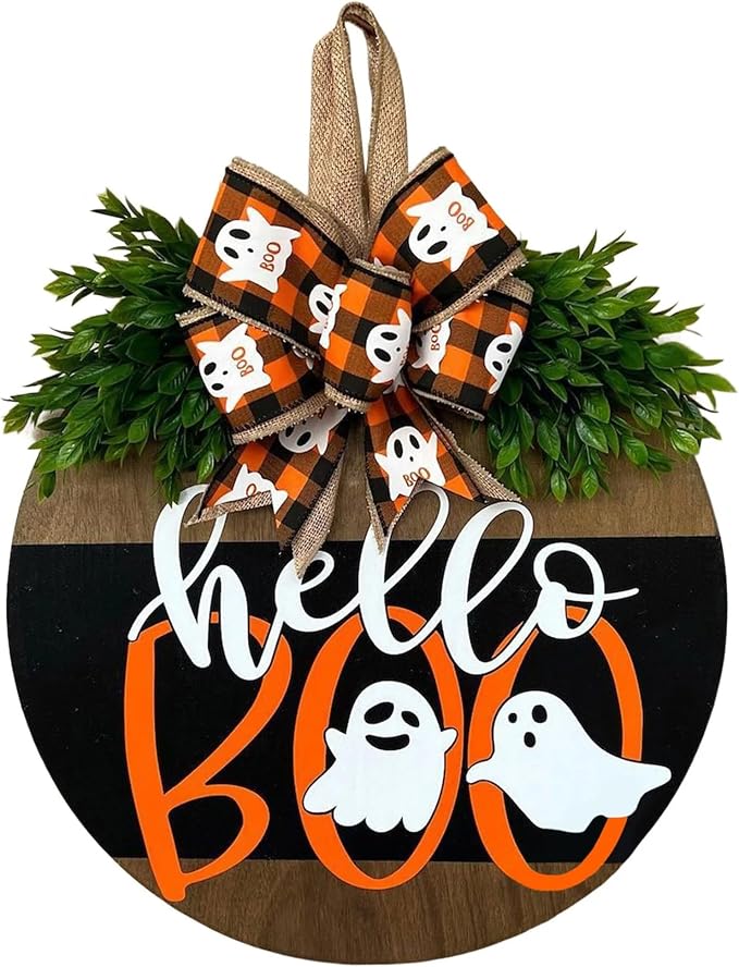 Halloween Ghost Wreath, Wooden Halloween Ghost Door Sign Wreath Decorations for Front Door Hanger - skull wreath