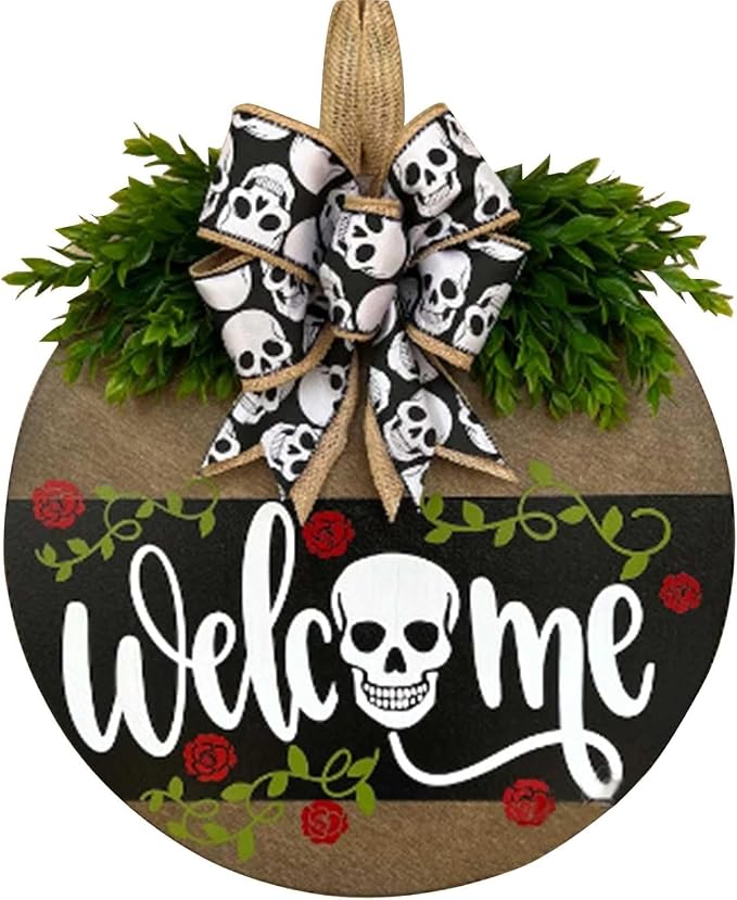Halloween Door Sign Hanging Decorations for Front Door，Cute Halloween Ghost Skull Horror Pumpkin Decor Welcome Wood Wreaths for Farmhouse Porch Wall Home Party Supplies (Rose Skull)