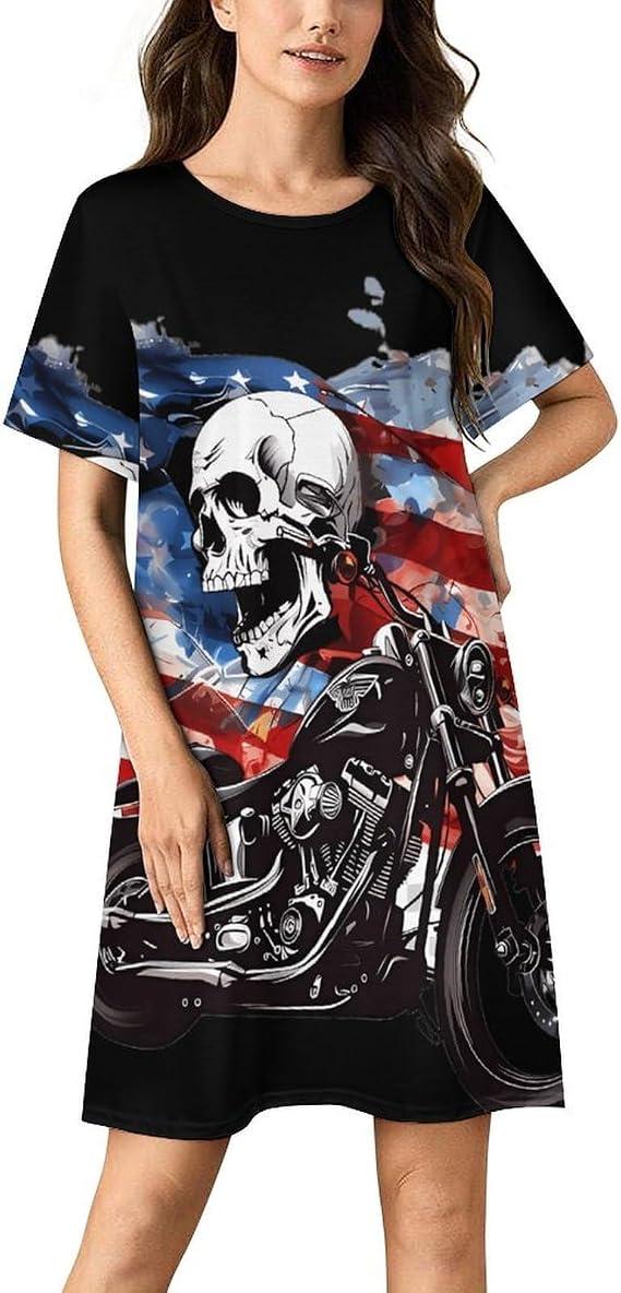 Skull Motorcycle U.S. Flag Women's Nightgown Short Sleeve Sleep Shirt Casual Sleepwear Night Gowns Sleepdress - skull pajamas