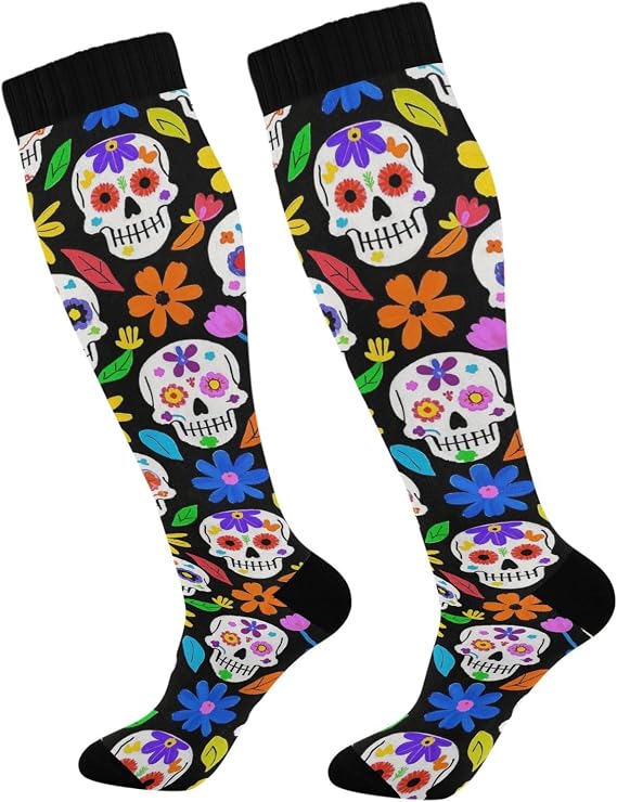Halloween Compression Socks Women Men Wide Calf Knee High Stockings - sugar skull costume