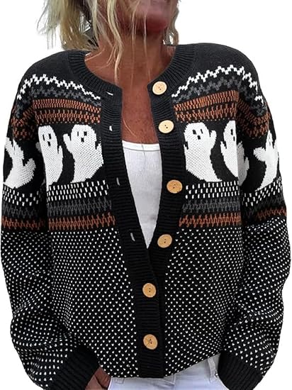 Women's Halloween Thanksgiving Christmas Knit Cardigan Sweater - skull jacket