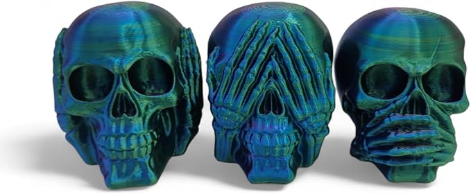Set of 3 Skull Figurines – Hear No Evil, Speak No Evil, See No Evil – 4x3x2.5 Inch Halloween Decor – Gothic Skeleton Display for Shelf, Desk, or Altar – Horror Collectible (Blue/Green/Purple) - skull figurine