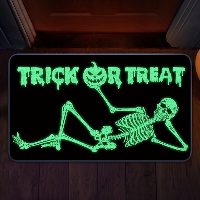 Halloween Skull Doormat, 17x29 Non Slip Glow in The Dark Entrance Mat - skull floor mat