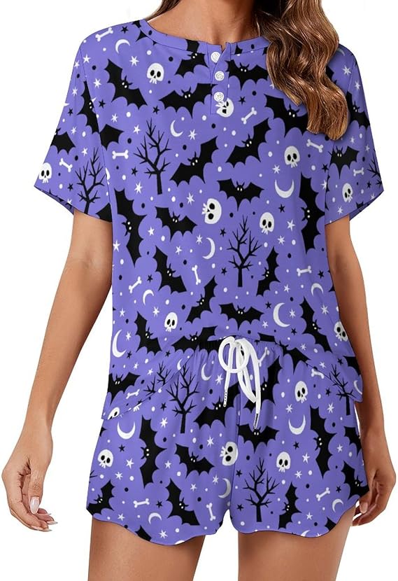 Short Halloween Pajamas Set Funny PJS Pant for Women Matching Pajama - skull pajamas