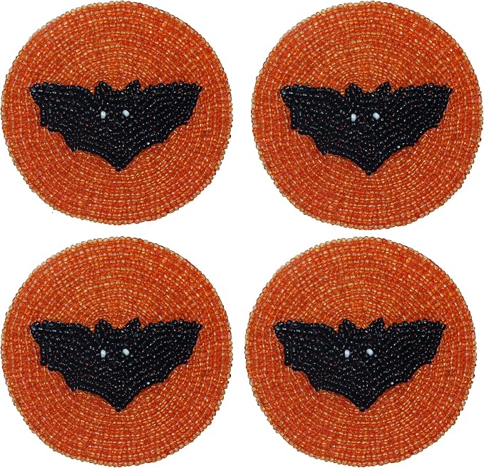 COTTON CRAFT Halloween Beaded Coasters - Spooky Bat 4 Pack - Orange Black - skull coaster