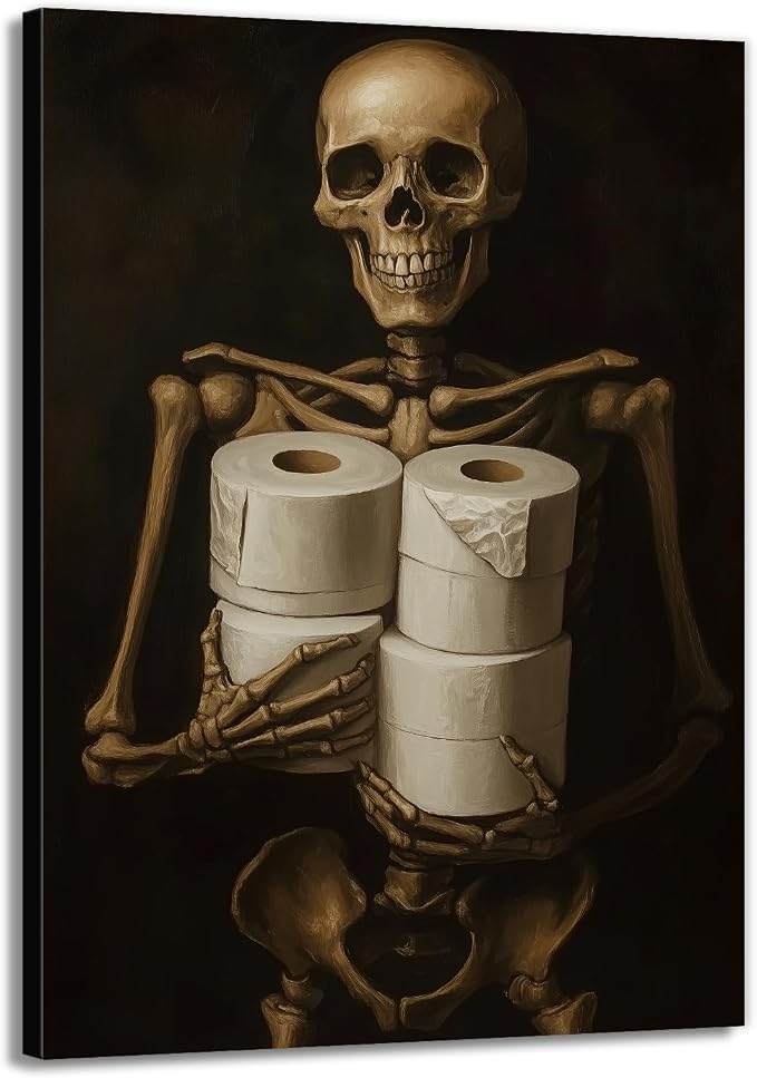 Gothic Skull Wall Art Funny Skeleton with Toilet Paper Canvas Print Vintage Skull Painting Framed Artwork for Living Room Home Halloween Wall Decor(Artwork-8,12"x18") - skull painting