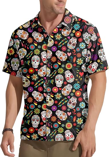 QAUN Dia De Los Muertos Shirts for Men Day of Dead Tees Skeleton Button Down Tshirt Halloween Skull Short Sleeve Tops - skull tshirt