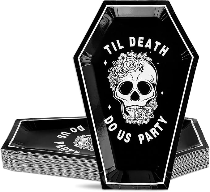Whaline 40 Pcs Halloween Bride or Die Bachelorette Paper Plates Black Skull Flower Coffin Disposable Dessert Plates for Trick or Treat Holiday Party Table Decor Supplies - skull plate