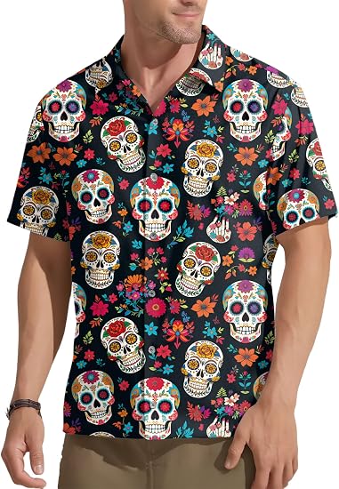 QAUN Dia De Los Muertos Shirts for Men Day of Dead Tees Skeleton Button Down Tshirt Halloween Skull Short Sleeve Tops - sugar skull costume