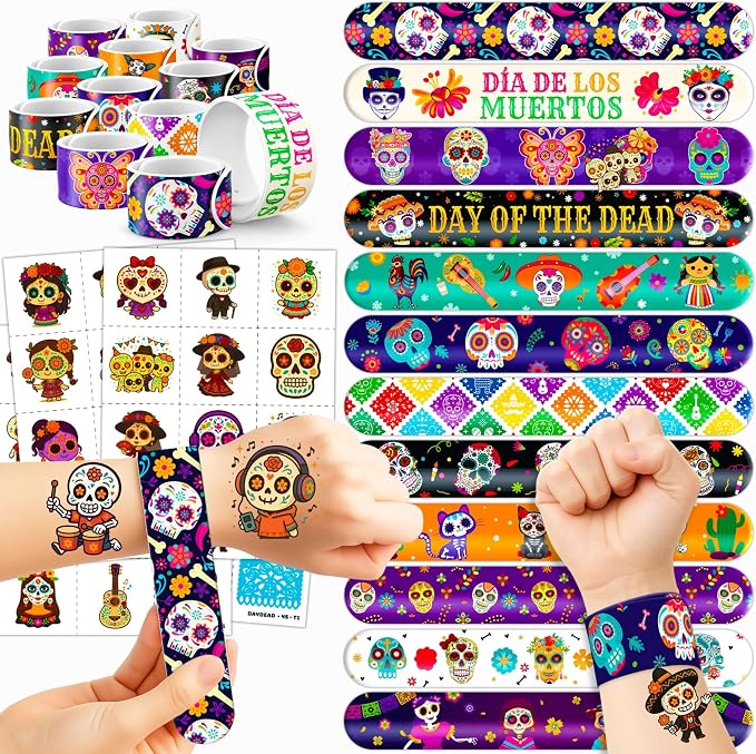 72 Pcs Day of the Dead Party Favors Decorations Tattoos and Slap Bracelets - skull sticker