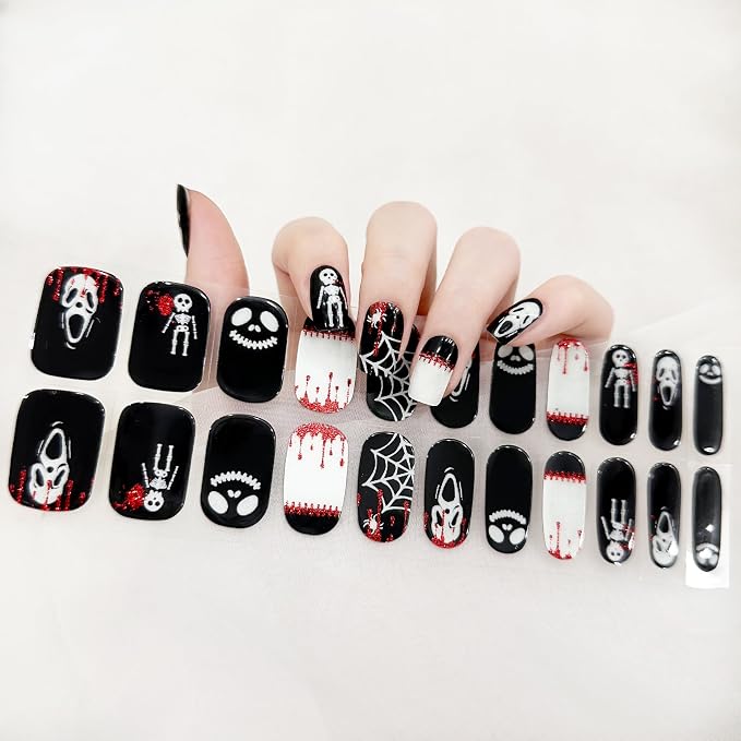 Halloween Semi Cured Gel Nail Strips 22Pcs Skull Skeleton Spider Webs Designs Use with Any UV/LED Nail Lamp Manicure Stickers for Women, Black White