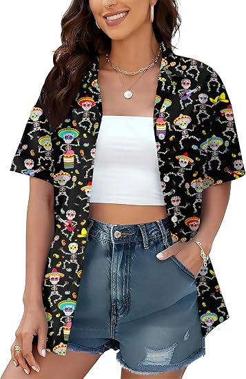Dia De Los Muertos Shirt for Women: Day of The Dead Skeleton Shirts Funny Sugar Skull Graphic Tops Button Down Blouse - skull sweatshirts