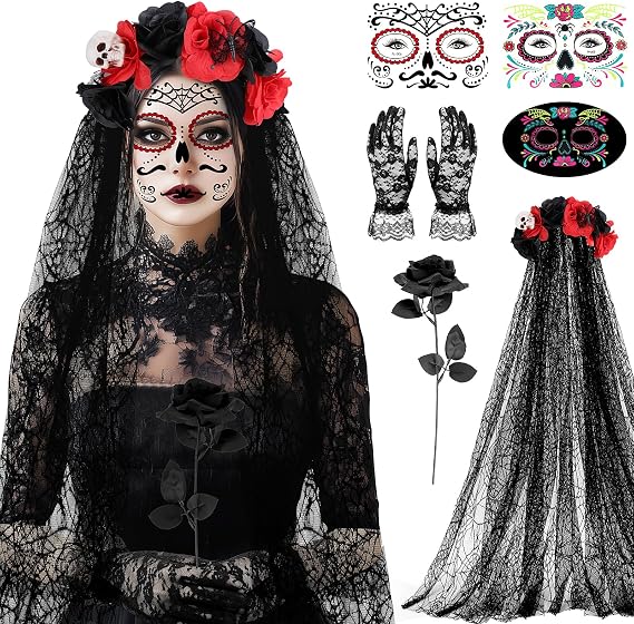SelfTek Halloween Day of the Dead Costumes for Women - skull headband