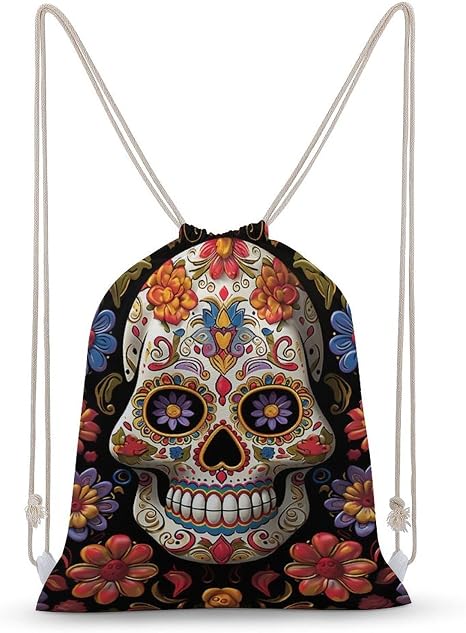 Sugar Skulls Drawstring Backpack - Canvas Sports Gym Sackpack, Lightweight String Bag for Beach & Travel - skull backpack