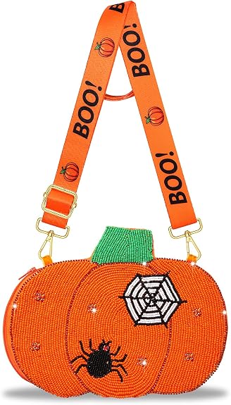 YAHPERN Halloween Purse for Women Novelty Beaded Pumpkin Skull Crossbody Shoulder Bag Halloween Outfits Costume Party Favors - sugar skull handbags for sale