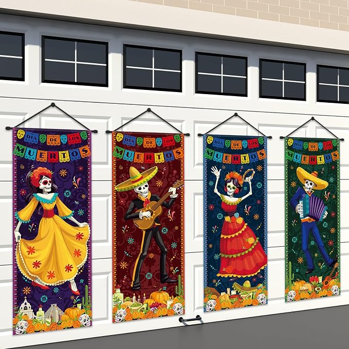 4Pcs Day of the Dead Decorations Dia De Los Muertos Banner Porch Signs Mexican Skull Floral Hanging Banner Halloween Mexican Hanging Decorations for Dia De Los Muertos Door Wall Indoor Outdoor Decor - skull floor mat