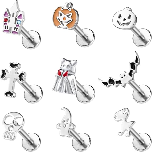 16G Halloween Tragus Piercing Jewelry Labret Stud Flat Back Earring - skull ring