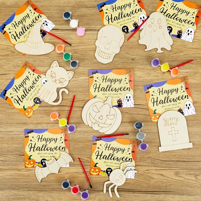 Bafeil 24 Set Halloween Painting Crafts Kit, Wooden Cutouts Arts and Craft