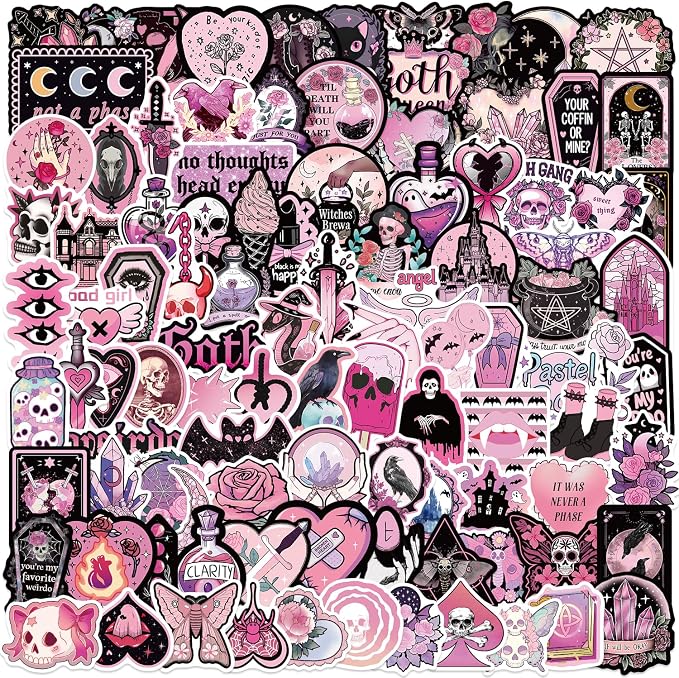 100Pcs Dark Pink Goth Stickers, Gothic Skull Stickers for Adults Mens Teens Girls, Horror Decals for Water Bottle Laptop Luggage Journal - skull sticker