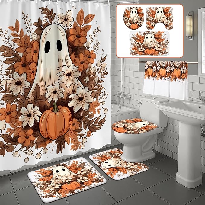 7 Pcs Fall Halloween Ghost Shower Curtains Set for Bathroom - skull toilet mat