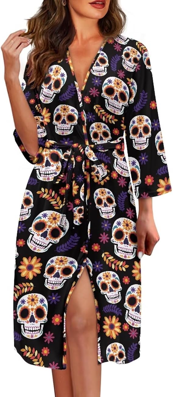 Women Kimono Robes Long Sleeve Bathrobe Lightweight Soft Sleepwear Casual Night Gowns Mid Length Loungewear - skull pajamas