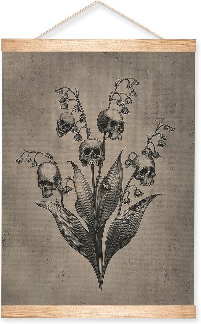 Vintage Gothic Skull Wall Art Poster 14x18 inch,Dark Botanical Canvas Print with Wooden Hanger, Vintage Gothic Anatomy Artwork, Dark Academia Skull Decor for Halloween (Grey-Lily of The Valley) - skull wall art