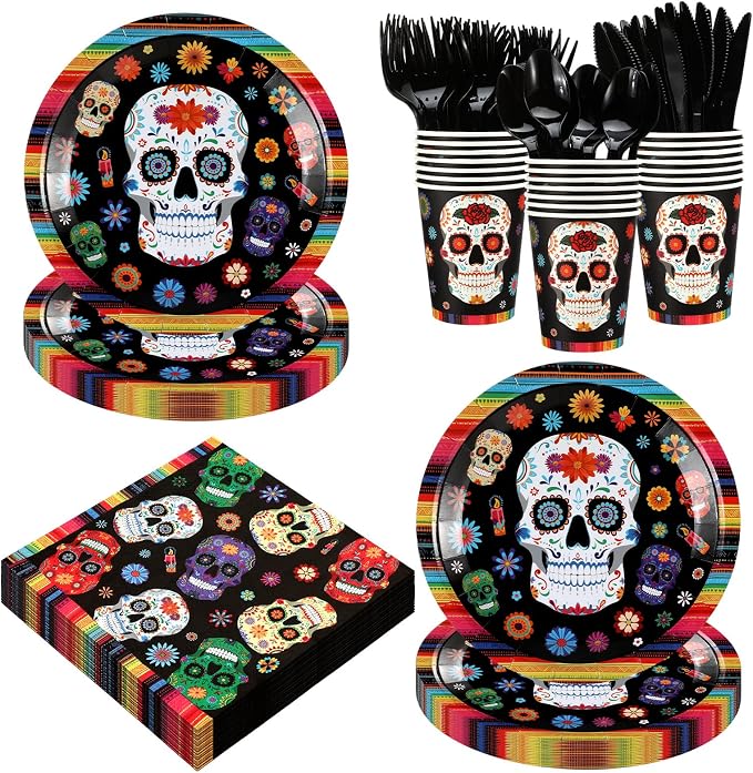 Fourluoo 168 Pcs Day of the Dead Party Decor Set 24 Guests Plate Cup Napkin - skull plate