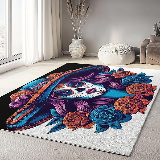 3.3 x 5 ft Washable Area Rug Multicolor Gothic, Sugar Skull, Rose Living Room Bedroom Throw Rug, Non Slip Soft Thin Indoor Floor Carpet for Office Kitchen Nursery Decor - skull carpet