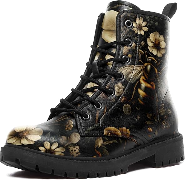 Womens Mushroom Floral Combat Boots - Witchcore Forest Goth Boots Chuncky Heel Vegan Leather Fashion Lace-Up Black Ankle Booties - sugar skull boots