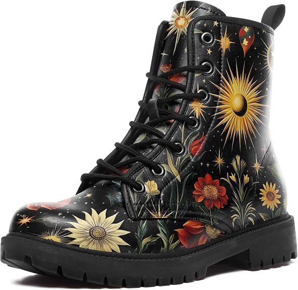 Womens Mushroom Floral Combat Boots - Witchcore Forest Goth Boots Chuncky Heel Vegan Leather Fashion Lace-Up Black Ankle Booties - sugar skull costume