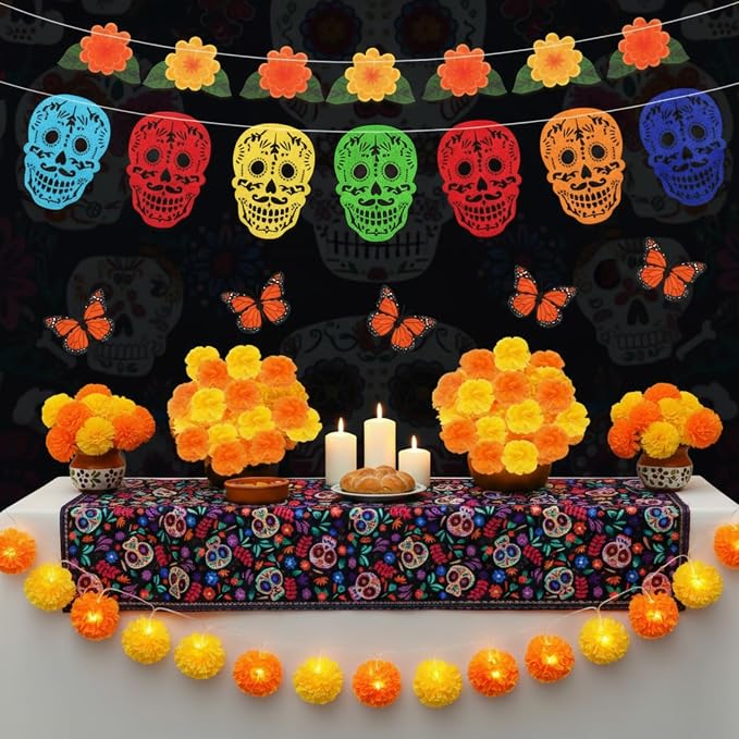 46Pcs Dia De Los Muertos Decor Day of The Dead Altar Kit, Orange and Yellow - string light