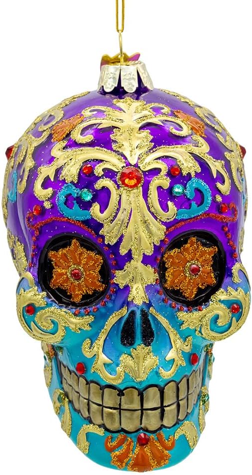 Kurt Adler 4.75" Bellissimo Glass Sugar Skull Ornament - skull painting