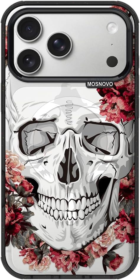 MOSNOVO for iPhone 17 Pro Max Case for MagSafe, Red Flower Skull, Black - Skull phone case