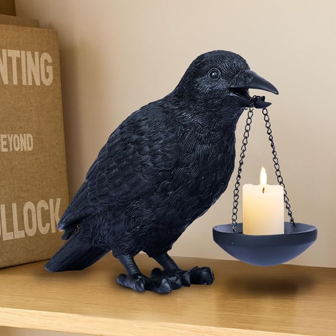 Dlfghos Gothic Home Decor Raven Lamp Tealight Candle Holder Halloween Decorations Indoor Fake Crow Light Holder Resin Black Bird Statue for Living Room Fireplace Entrance Holiday Spooky Ornaments - skull candle
