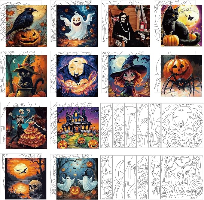 Teling 12 Pcs Halloween Pre Drawn Stretched Canvas Kit for Adults Painting Pre Printed Canvas Outline for DIY Painting Party Favor, 6 x 6 x 0.6 Inches - skull painting