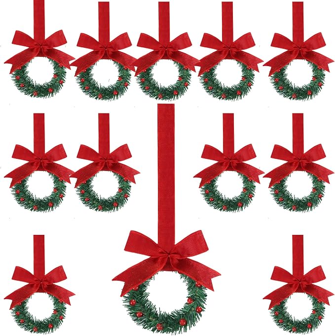 Sggvecsy 12 Pcs 8’’ Christmas Mini Cabinet Wreaths with Ribbon Bows Red Berry Artificial Small Kitchen Wreath for Window Front Door Farmhouse Wall Xmas Decorations(Red Burlap) - skull wreath