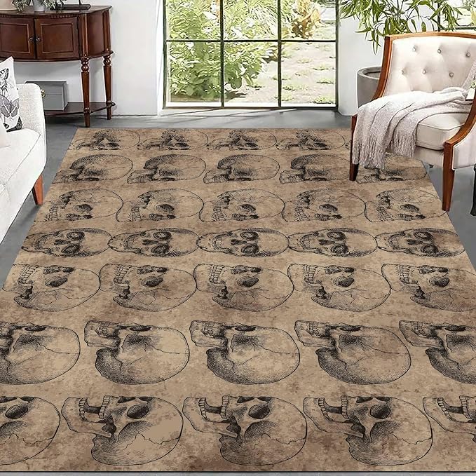 Vintage Skull Area Rug 5x8ft Rustic Brown Skeleton Print Unique Rug, Halloween Decorative Floor Mat Non-Slip Easy to Clean Soft Rugs for Living Room Bedroom Bathroom Hallway Bedside - skull toilet mat
